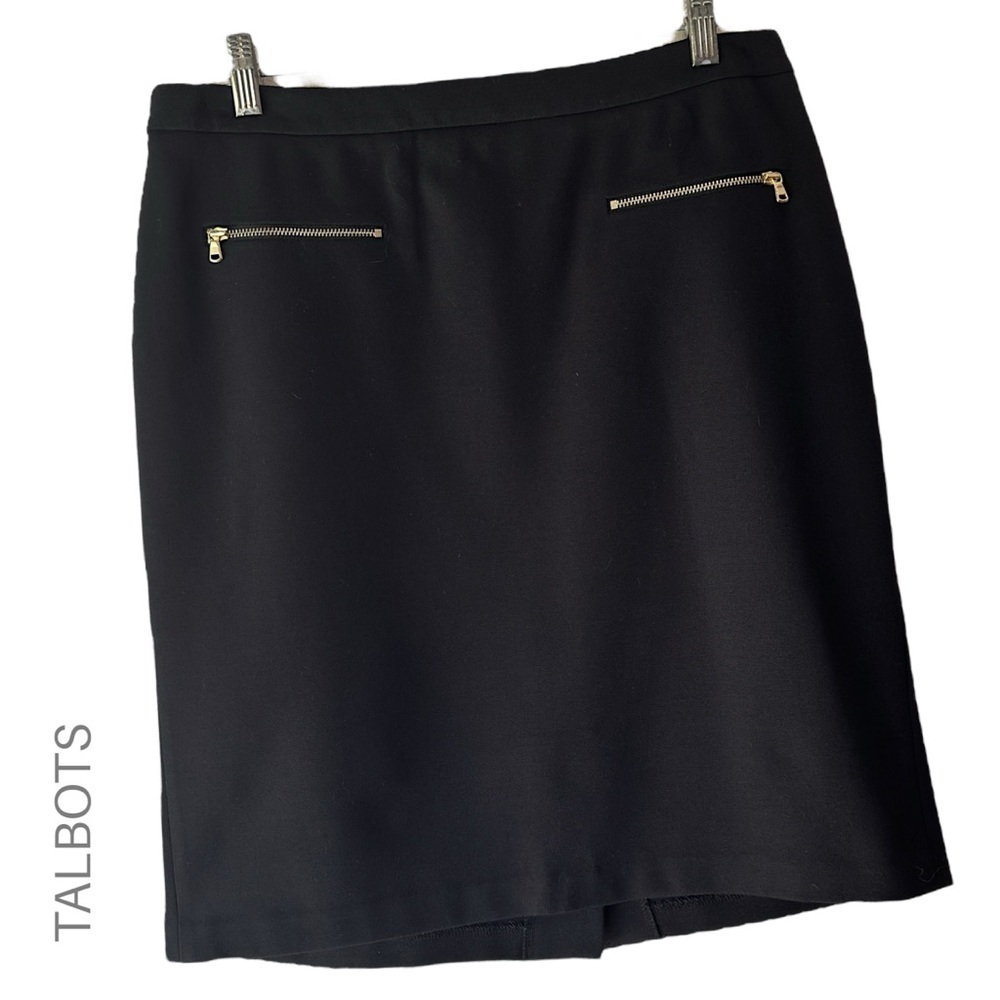 TALBOTS | NWOT BLACK PONTE KNIT STRETCH PENCIL SKIRT GOLD ZIPPER POCKETS | 10P